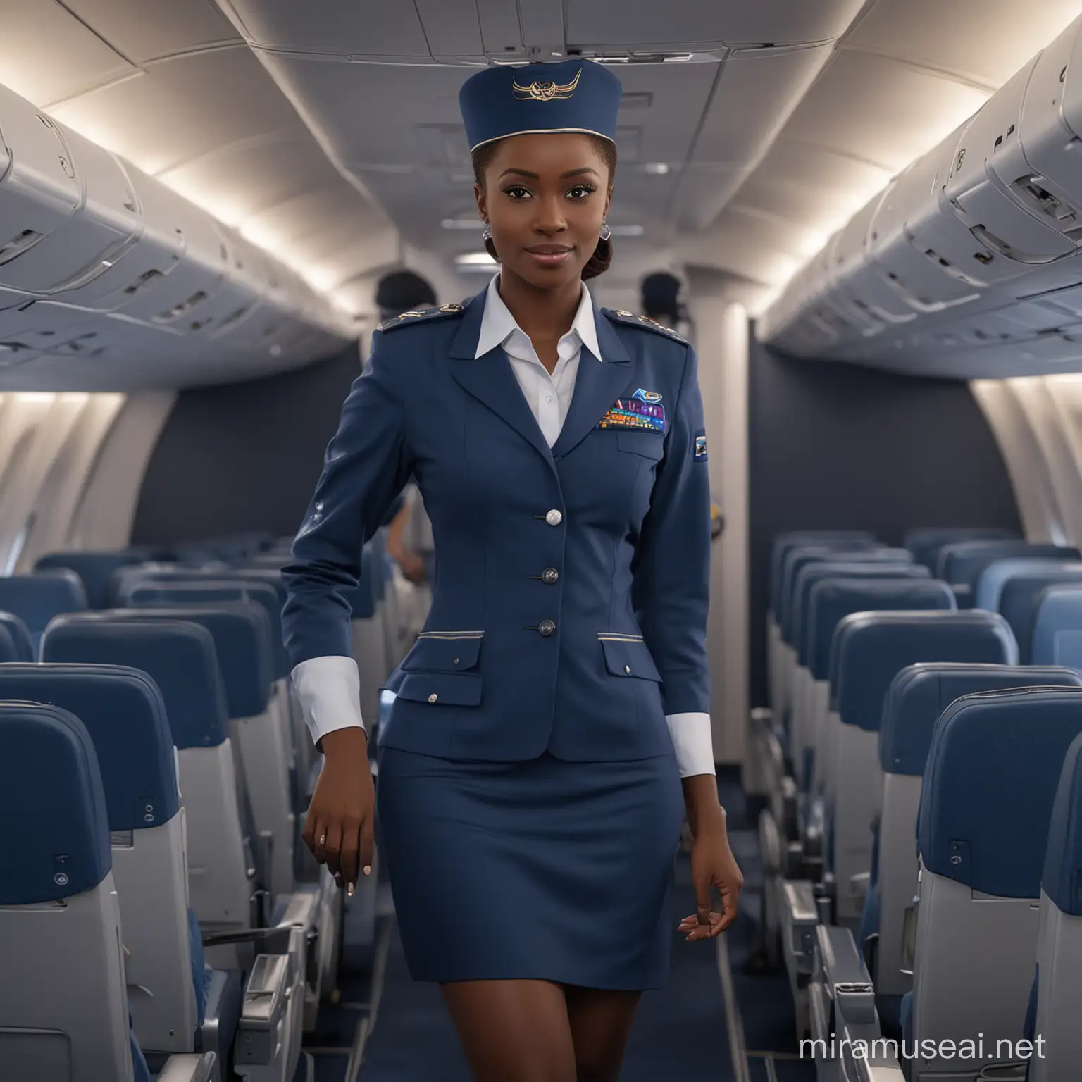 Hotesse de l'aire africain-tenue bleu de nuit débout dans l'avion-hyper reslisme