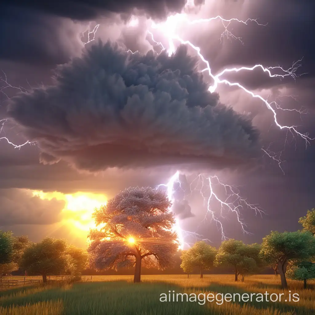 A realistic Lightning strikes a tree. Storm clouds. in a cartoonish 3D style. Realistic photo. Sun rays. sunset