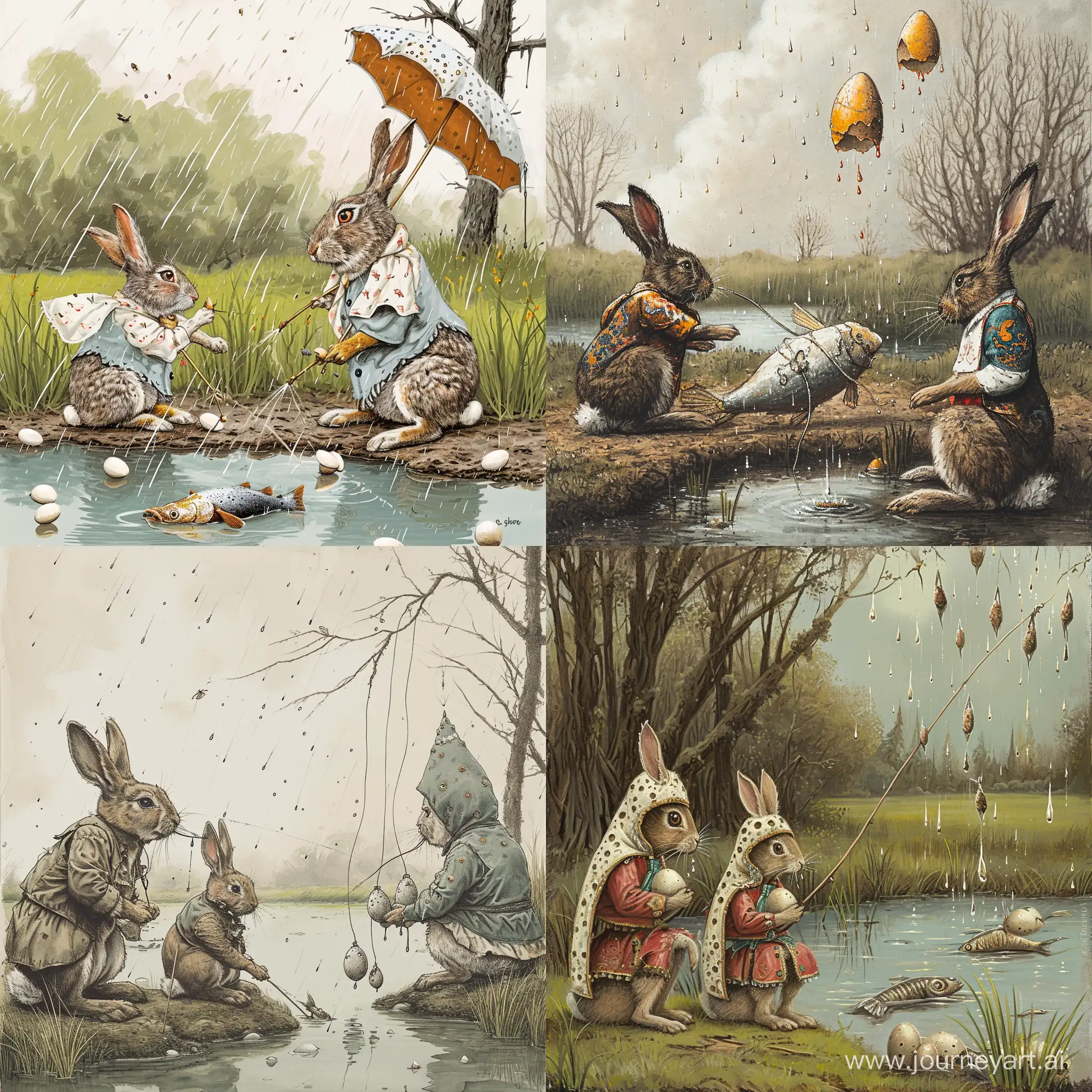 нарисуй два кролика разных размеров сидят около пруда и ловят больших анчоусов в важных костюмах и при этом начинается дождик из яиц. реализм