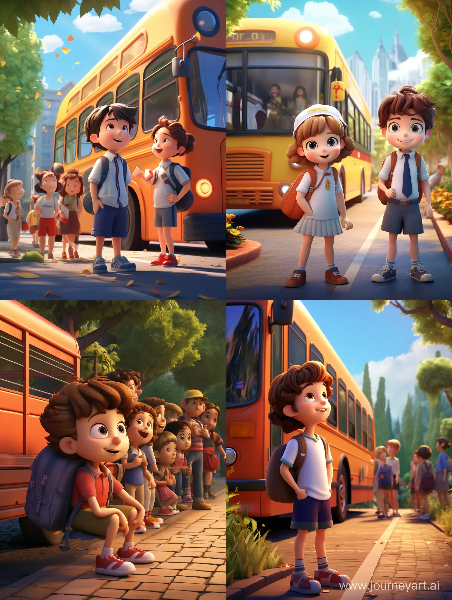 children and schoolchildren at the bus stop are waiting for the arriving school bus 3d animation style