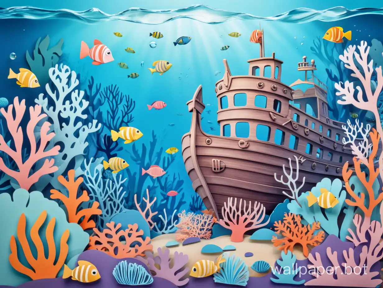 A paper cutout cartoon underwater landscape without fish but with corals and sunken ship, bright pastel colors and visually attractive to toddlers