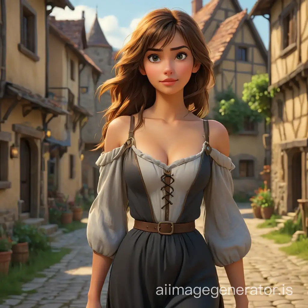 Beautiful breasted young prostitute walking in medieval Village in Pixar cgi style