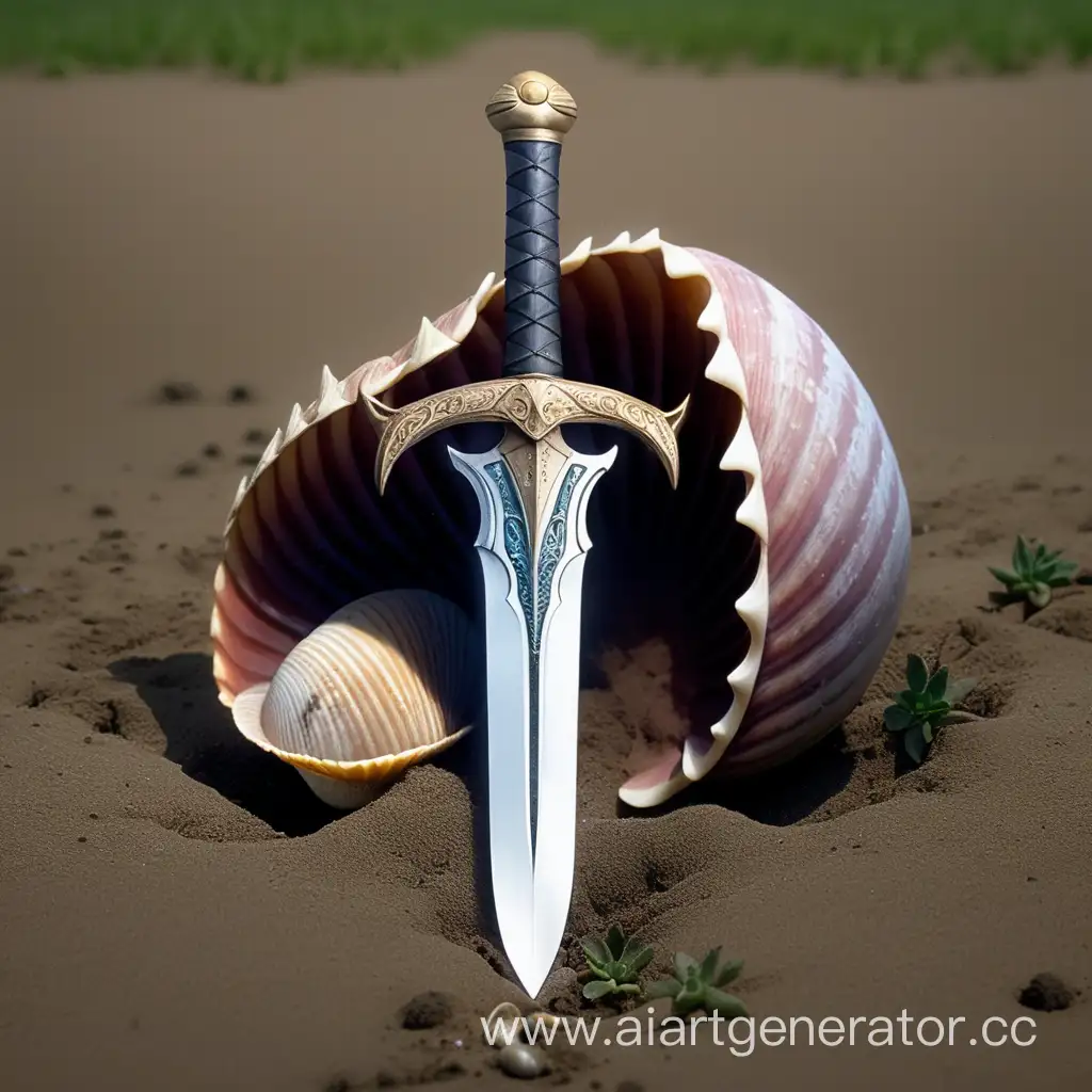 A sword stuck in the ground entwined with thorns, a clam shell.