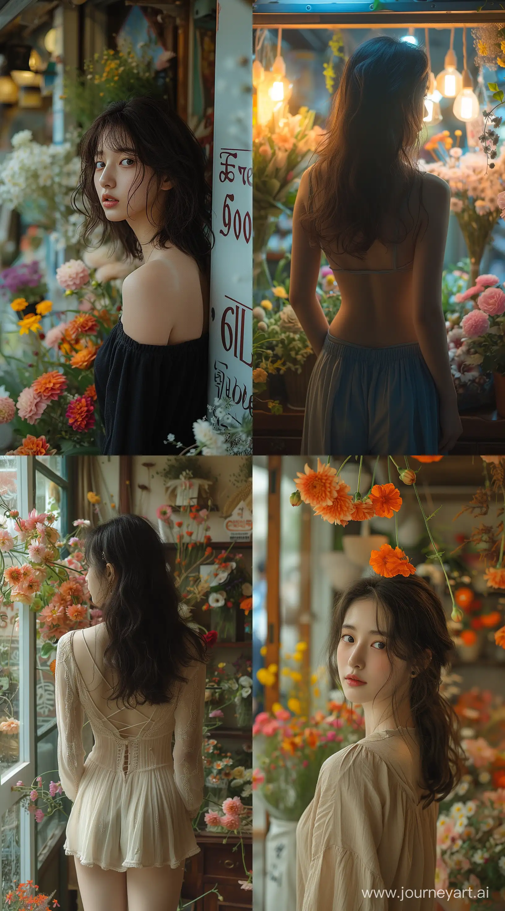 young korean girl standing front of flowera shop,back body, the style of shige's visual aesthetic style, low speed film, romantic and nostalgic themes, dark cyan and light amber, dolly kei, snapshot aesthetic,  --ar 71:128 --stylize 750 --v 6