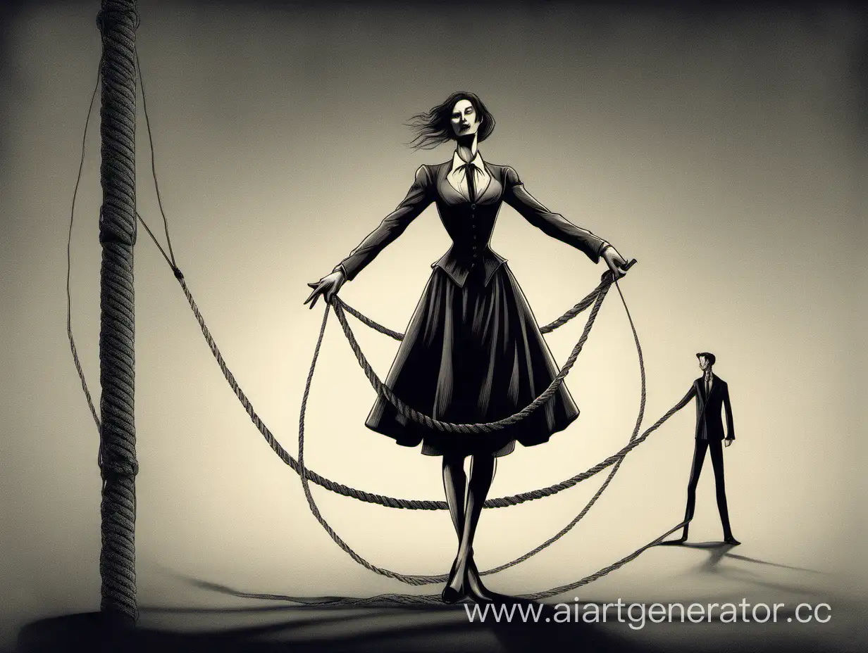 A woman in full forms stands on a rope on one leg. At the end of the rope stands a handsome, slender man. She holds a dress with a thin waist in her hand. A man calls a woman to him with his whole body.