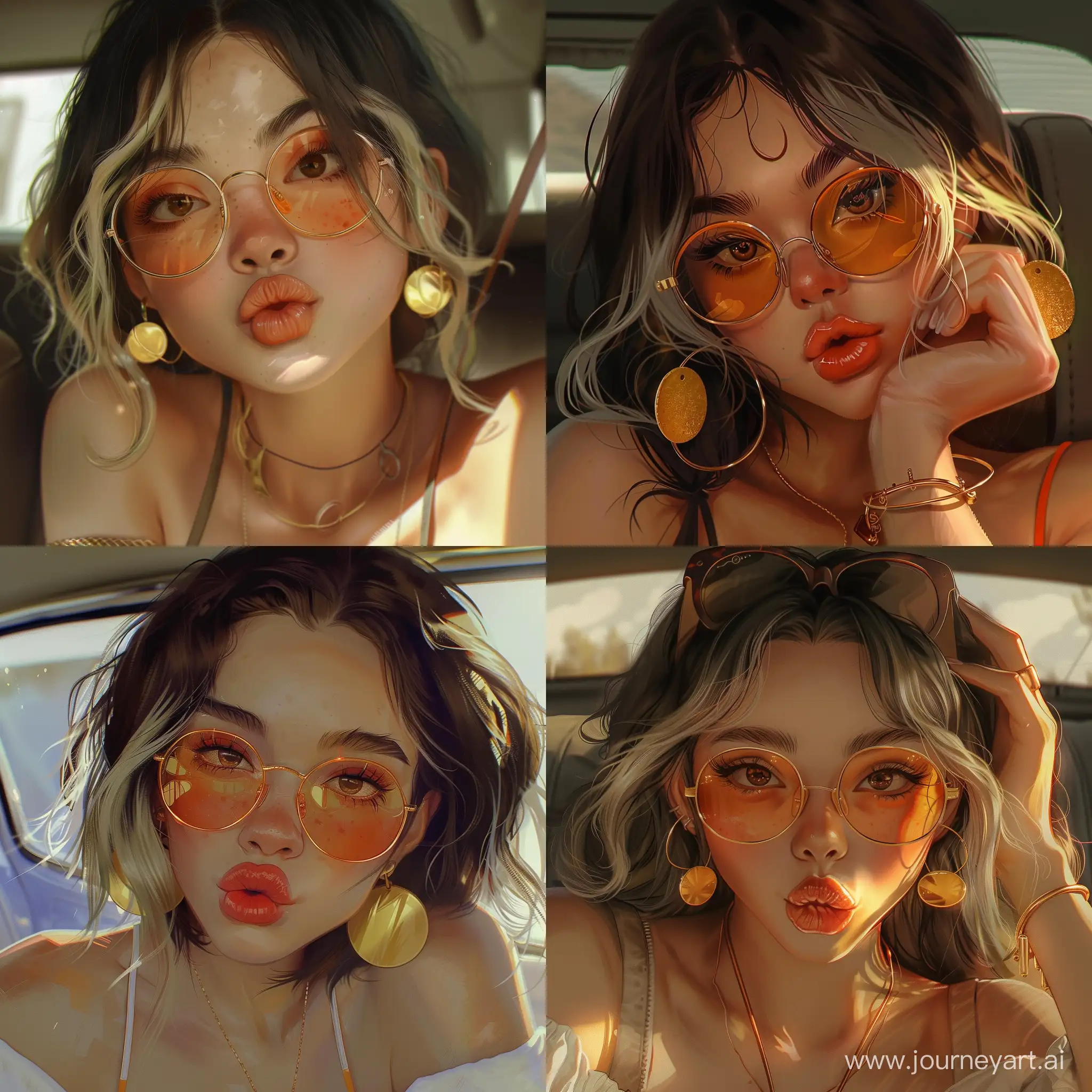 нарисуй рисунок девушки с милированными волосами чуть ниже груди, которая сидит в машине и смотрит в камеру, круглыми золотыми серьгами, оранжевыми очками и карими глазами, она делает губы бантиком и смотрит в камеру