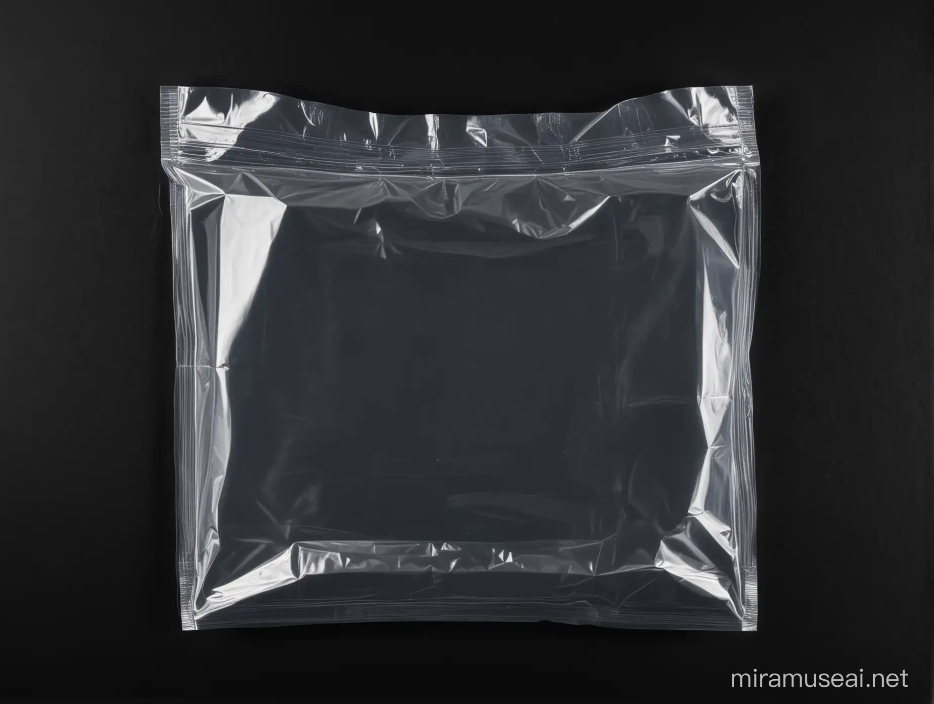  clear plastic bag on a black background. the plastic bag is the shape of a horizontally wide and vertically short rectangle.