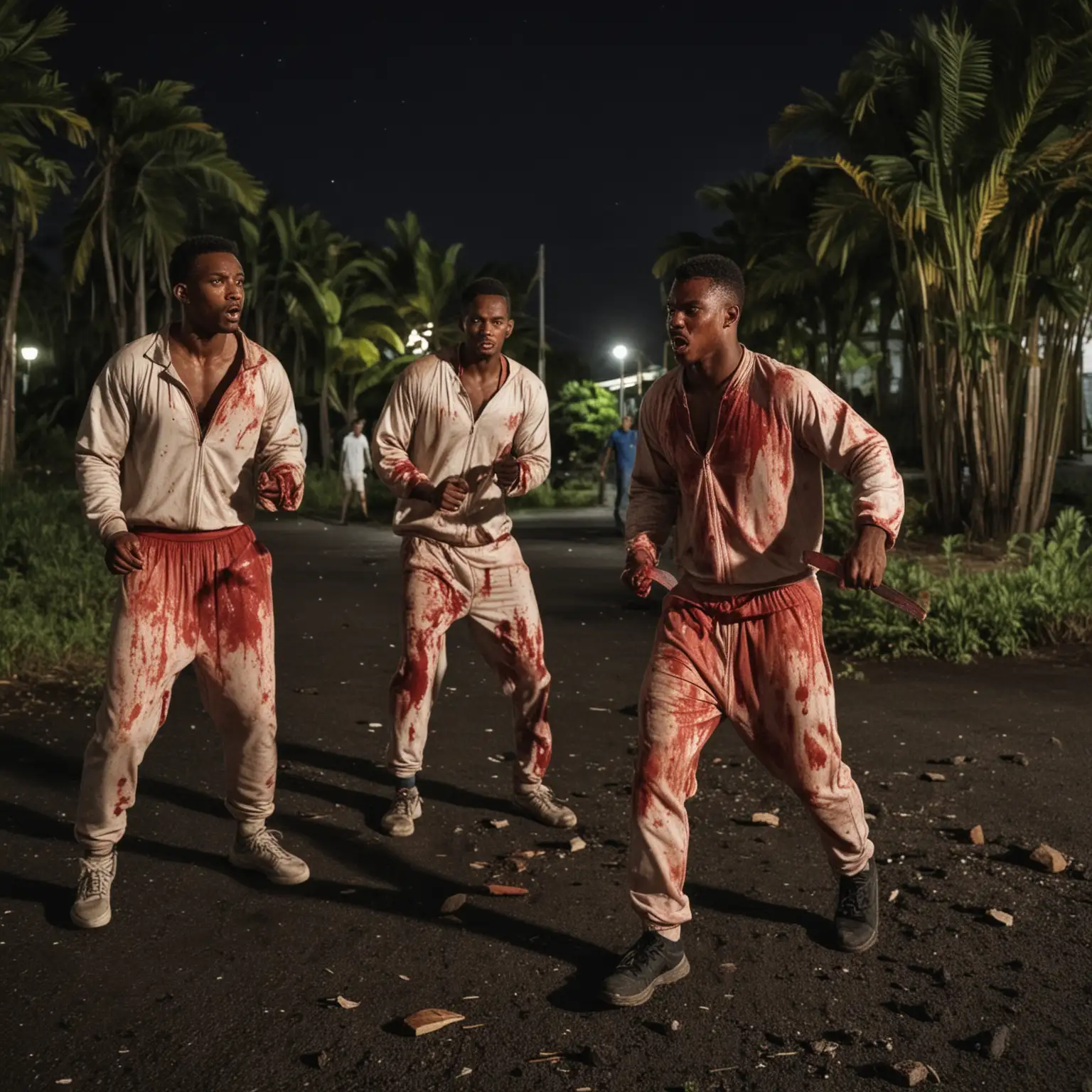 Oceanian Men in Tracksuits Chasing on Tarred Ground in Runion Island Night