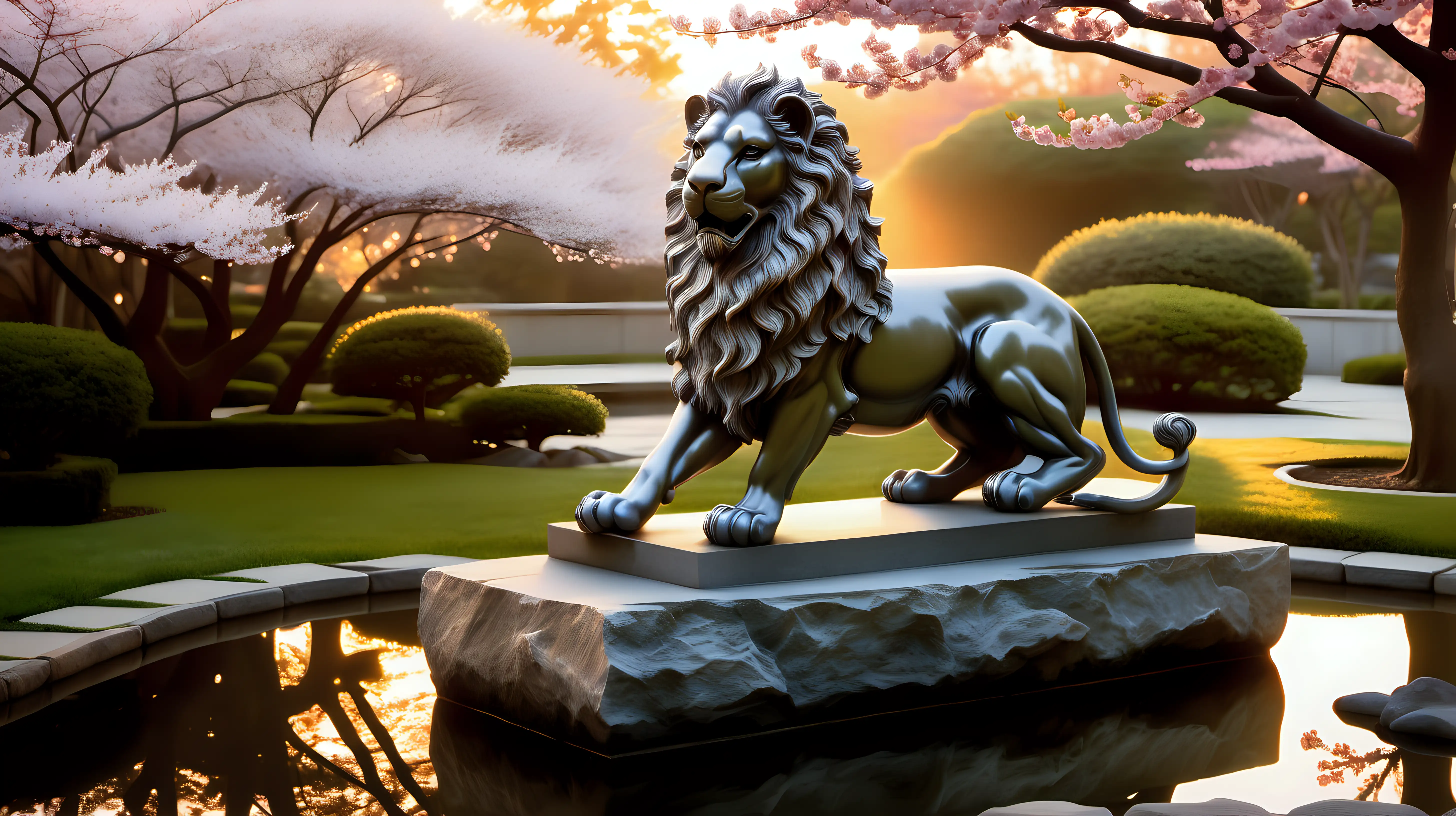 Serene Stone Lion Statue in Japanese Garden at Dawn