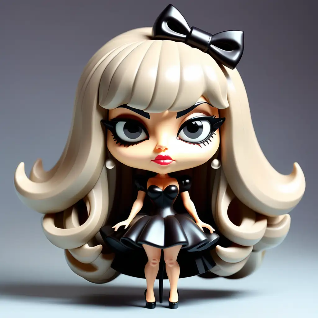 Create a kawaii style plastic toy of lady gaga.  Must have big head, black dress and wearing high heels. 