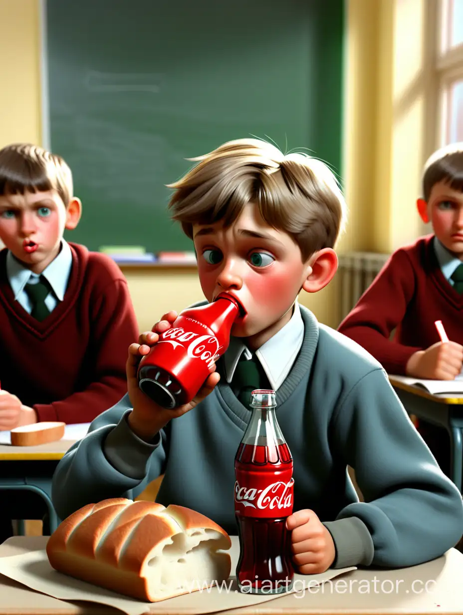 Russian-Schoolboy-Enjoying-CocaCola-and-Bread-Snack-in-Classroom