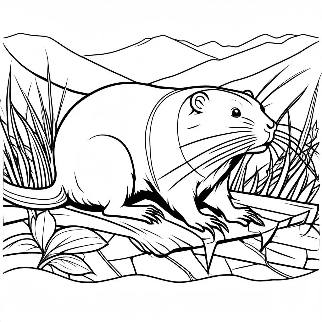 North American beaver, Coloring Page, black and white, line art, white background, Simplicity, Ample White Space. The background of the coloring page is plain white to make it easy for young children to color within the lines. The outlines of all the subjects are easy to distinguish, making it simple for kids to color without too much difficulty