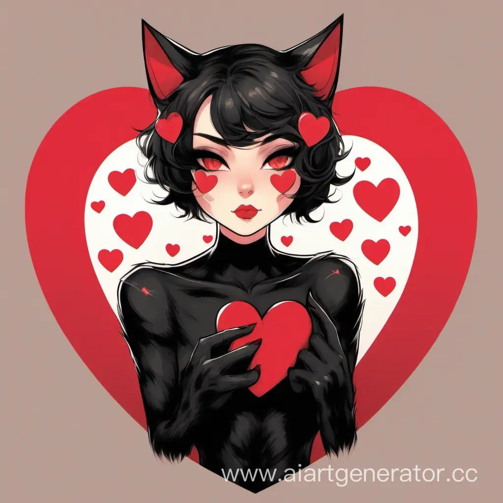 Женщина-кошка черного окраса с красными  сердечками на лапах  и короткими волосами