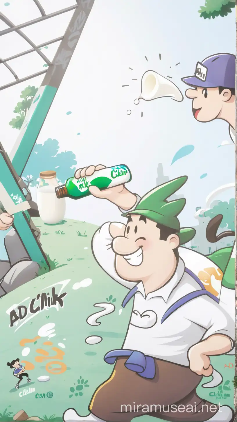 使用涂鸦和卡通风格，每个人手里都拿着一瓶ad钙奶，正在户外运动。