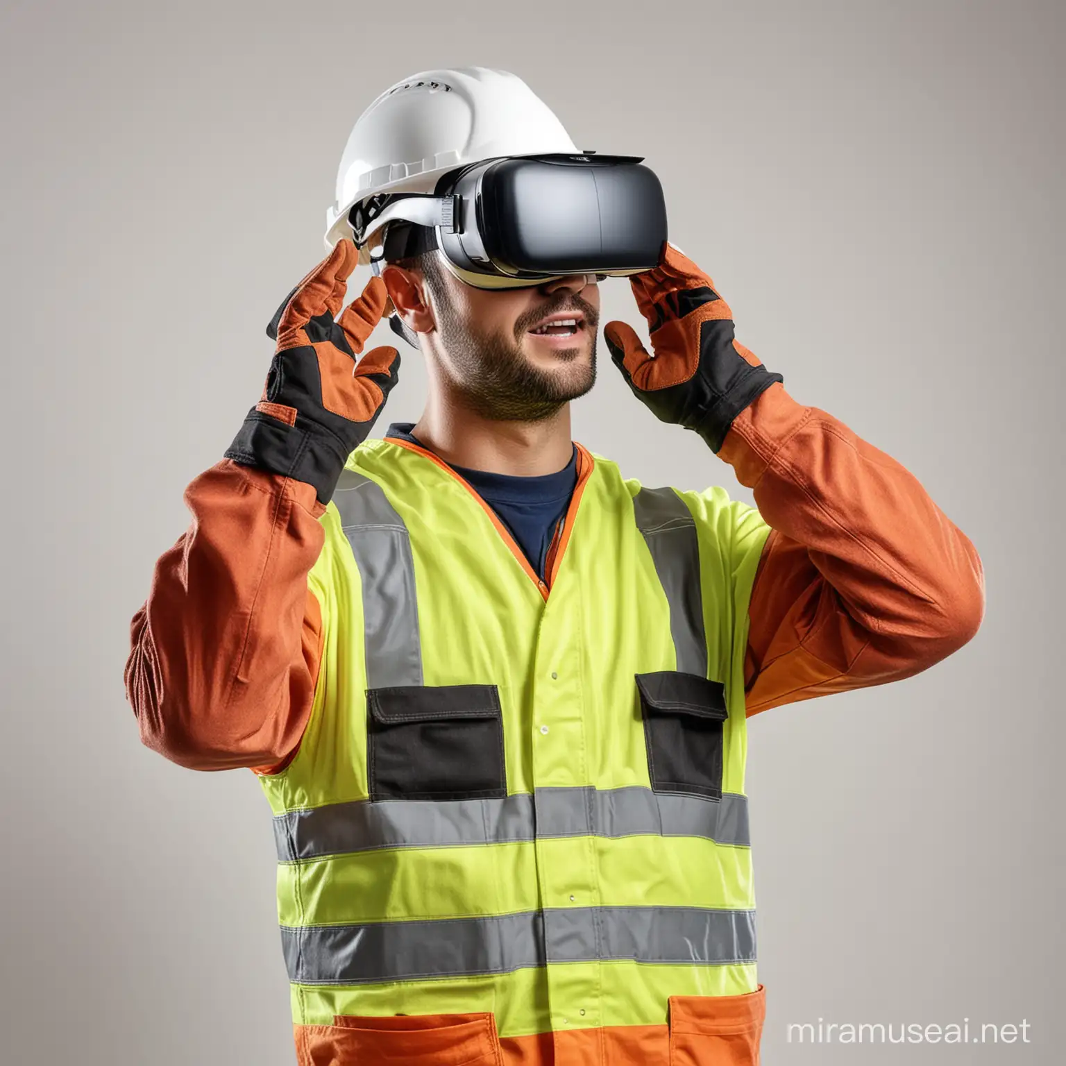 Construction Worker in Virtual Reality Headset Pointing