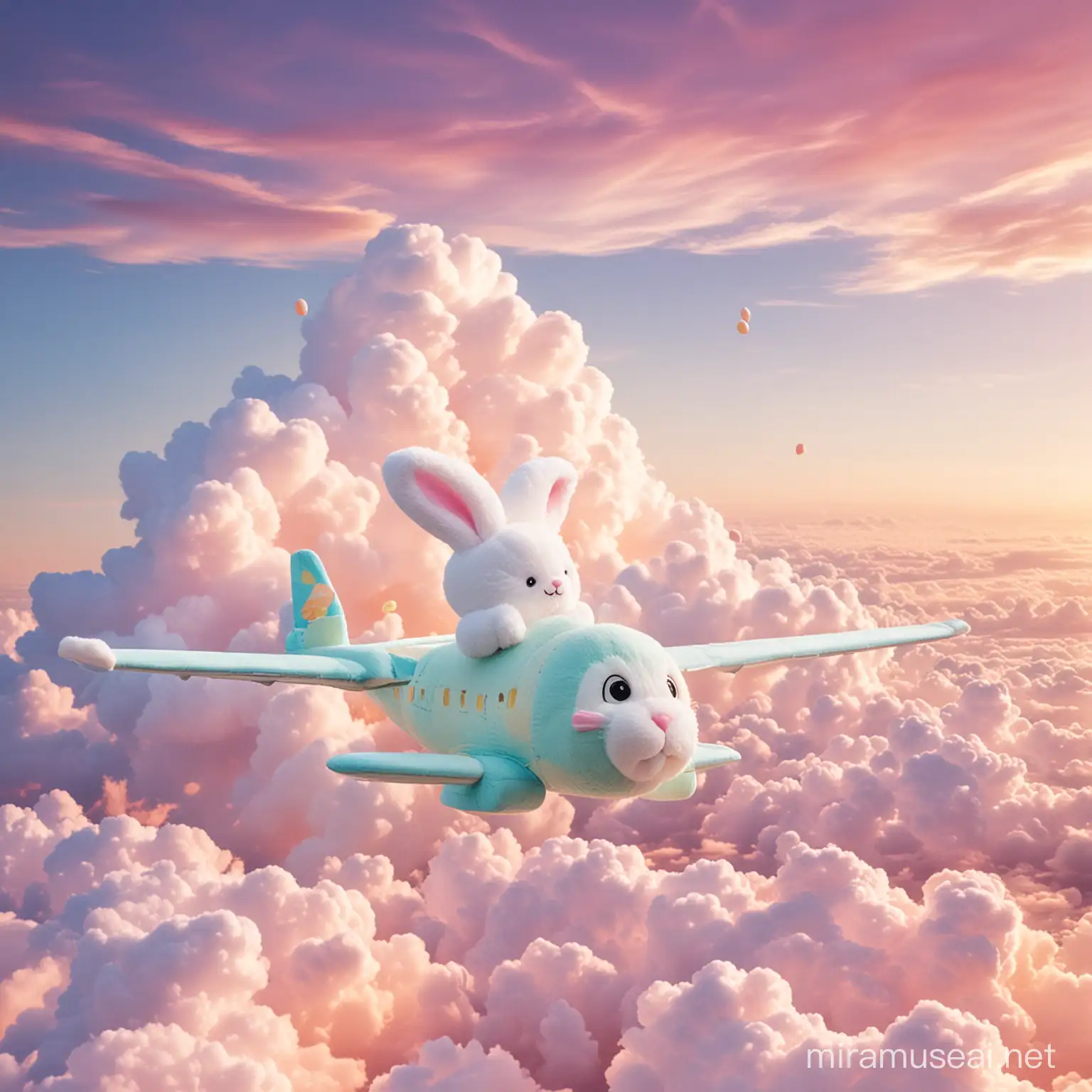 Beautiful lovely Easter bunny Made by fluffy pastel colors clouds in the Sky on an airplane MadeBy marshmallows in pastel colors
