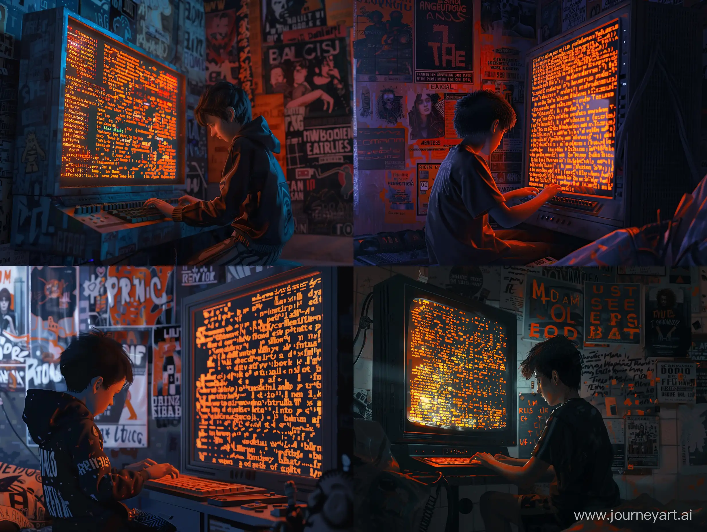 Ultra realistic. Ultra details. Vibe of 80s. Young boy is sitting in front of a big crt display. He is typing a code. A lot of orange letters on black background are seen on the screen. It is dark outside. The single source of light is the display. Room a little bit messy. Wall covered by posters of different musical bands