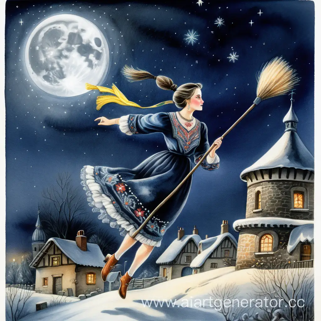 Enchanting-Winter-Night-Ukrainian-Woman-Soaring-on-a-Broomstick