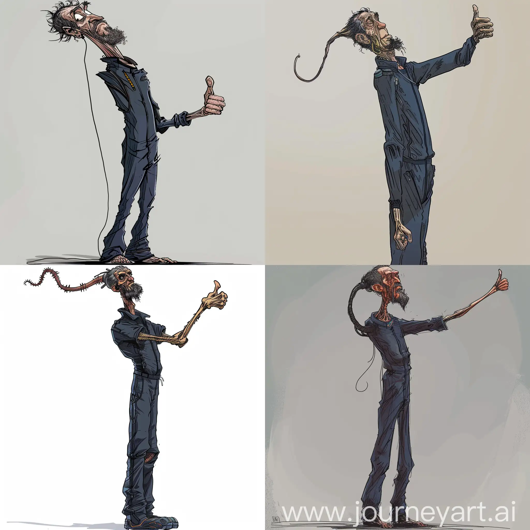 stylized colored character concept sketch of a tall lanky middle-aged man with graying hair and a black beard wearing a futuristic dark blue jumpsuit and he has an extremely elongated neck stretching upward and his arm is extremely elongated and stretching to the foreground to give a thumbs up with his extremely elongated big hand