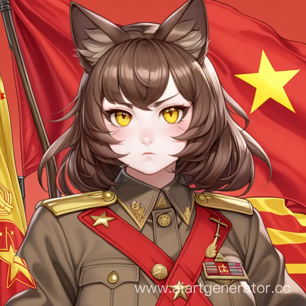 Communist catgirl cat ears brown hair yellow eyes red flag Stalin