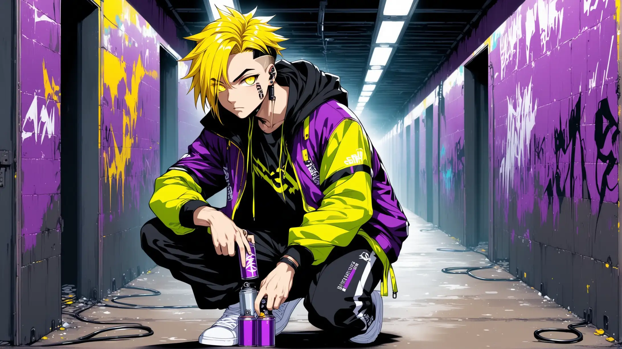 cool 28 year old anime cyberpunk boy graffiti artist, yellow hair, fierce yellow eyes, holding spraypaint cans  in each hand, kneeling in an abandoned subway, cool black and purple members only jacket, black track pants, white sneakers, yellow purple black white 4 color minimal design