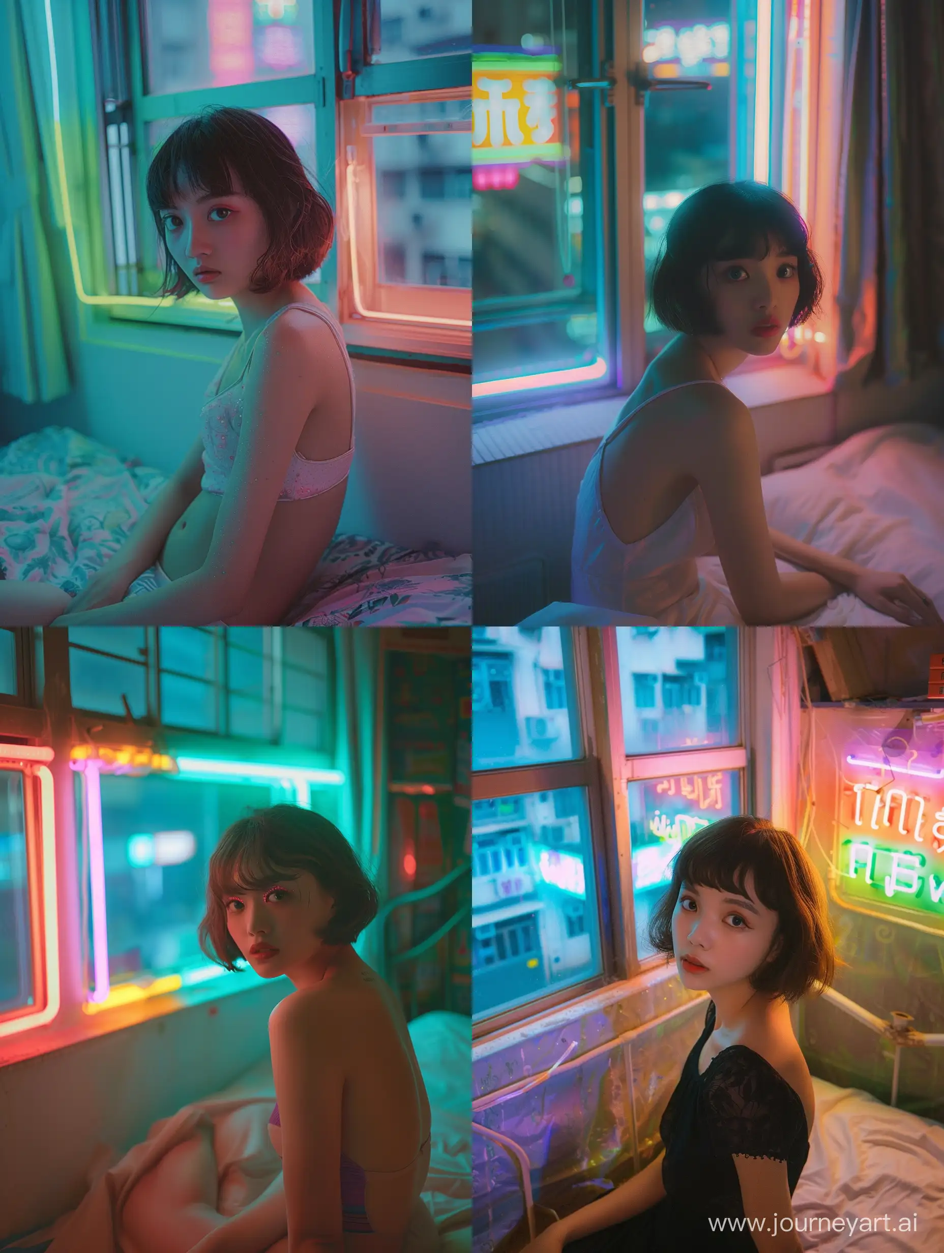 Seductive-Night-in-Vintage-Hong-Kong-Sensual-Woman-with-Bob-Cut-by-Neonlit-Window