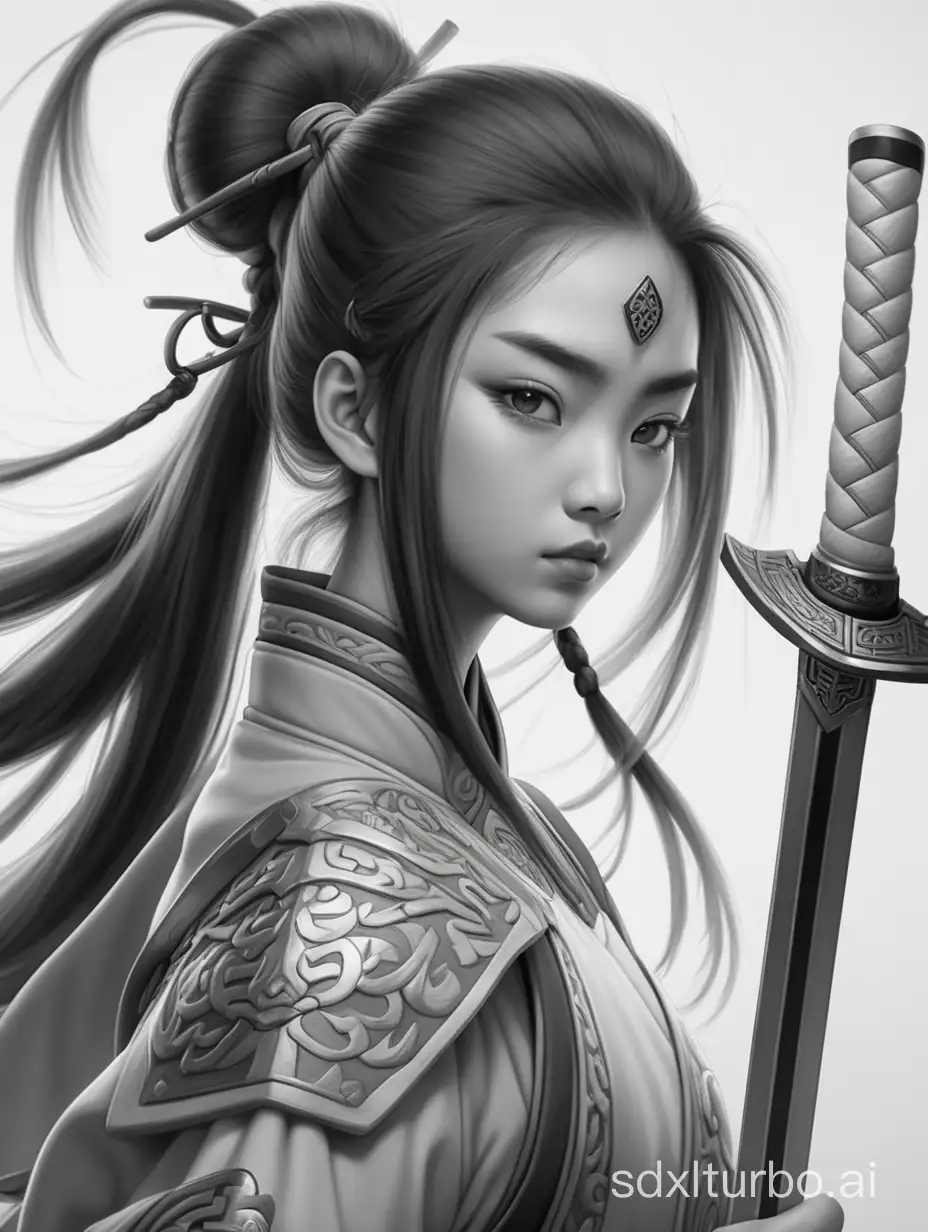 Chinese swordsman, warrior girl, in the style of editorial illustrations, 32k uhd, monochromatic artworks, white and gray, detailed portraits, loish, fantastical 


