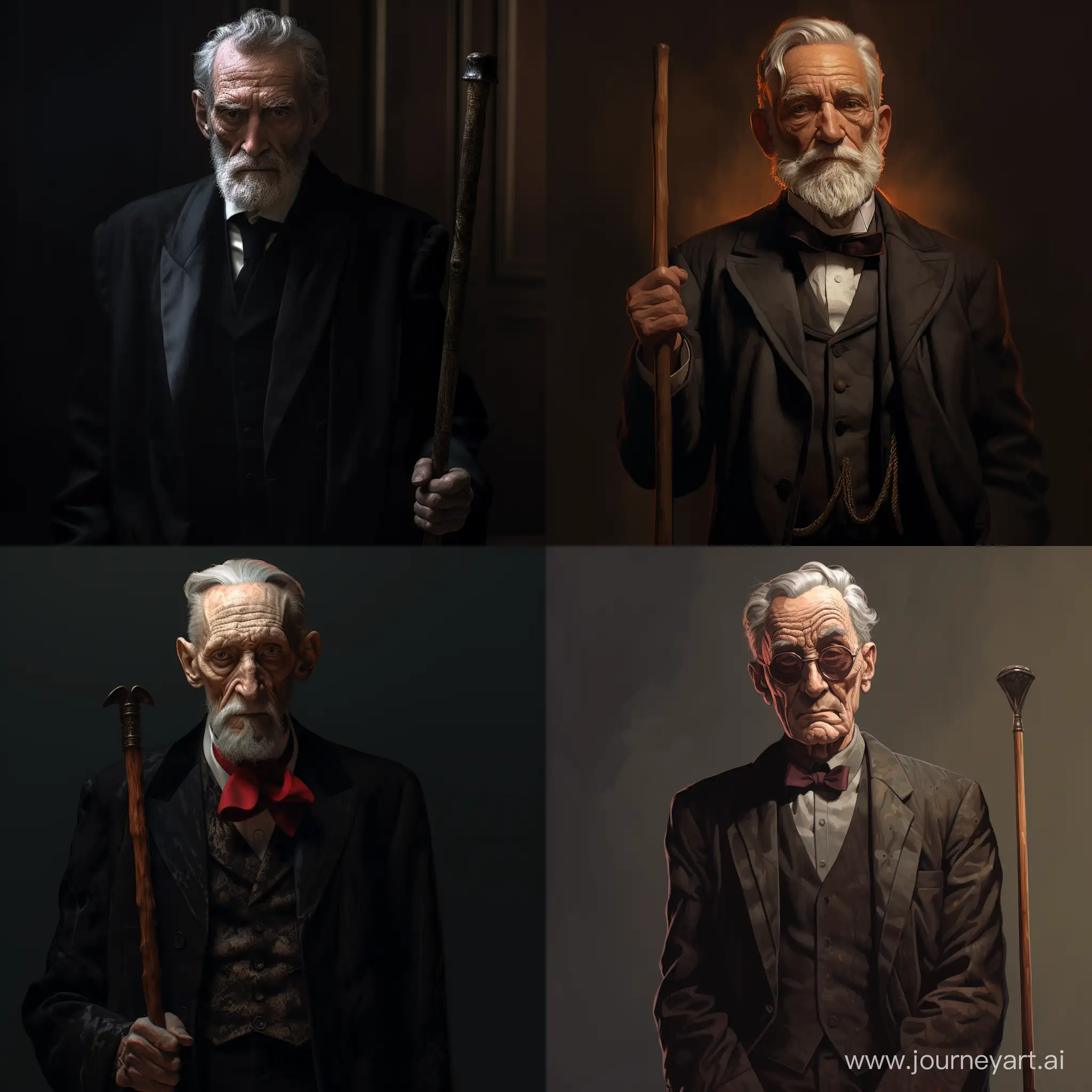 hunched old man, villain, black dead eyes, well dressed, calm, very stoic, holding cane