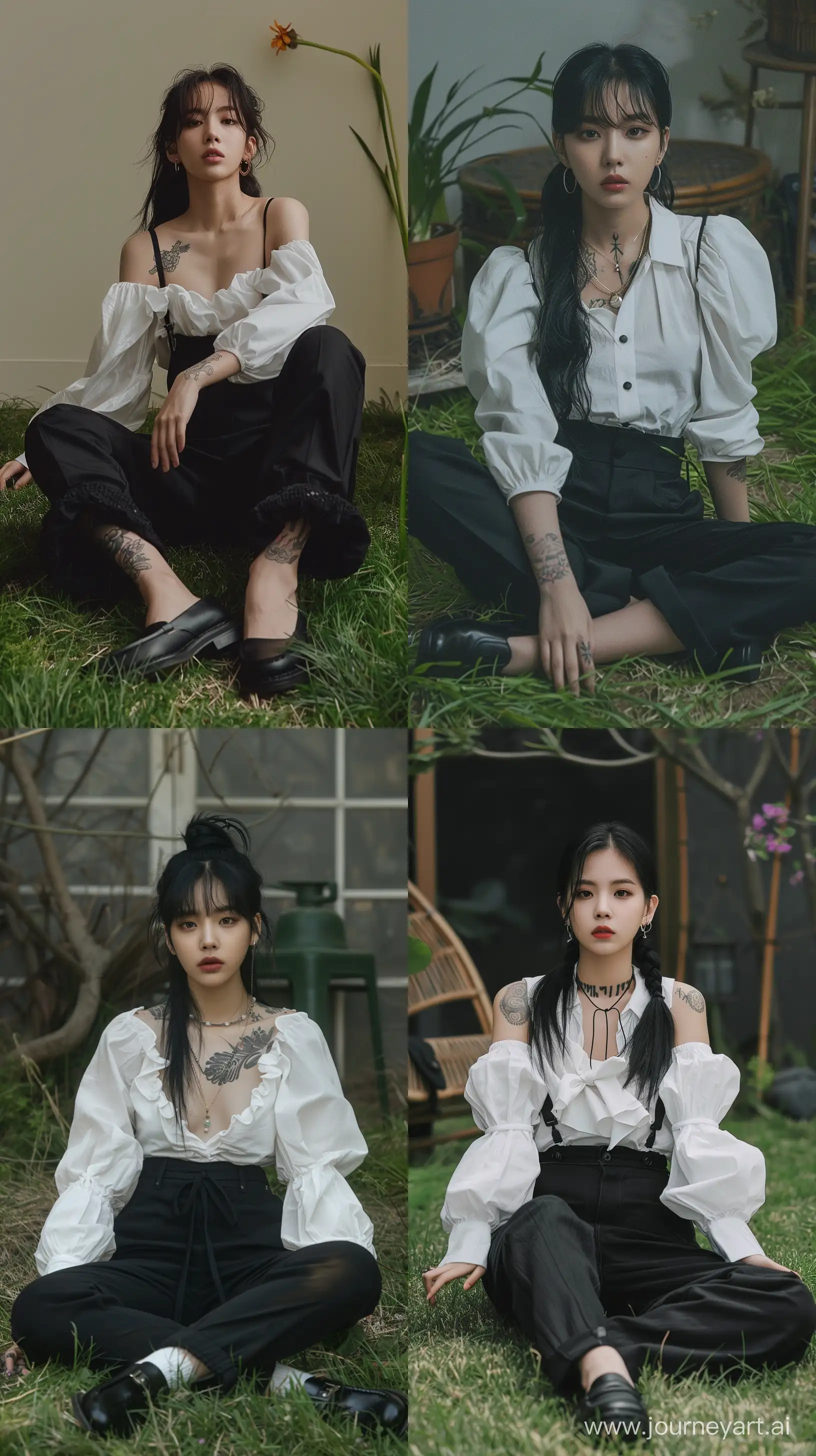High resolution fashion photo of jennie blackpink's full body shot, wearing black pants and white oversize blouse with black loafer shoes sit on grass,nature studio set,no accssesories no make up,cute tattoo, pigtail black hair,minimalism,in the style of jennie, bared face,mysterious nocturnal scenes,fuji film, album covers, flickr --ar 9:16 --style raw --stylize 250 --v 6