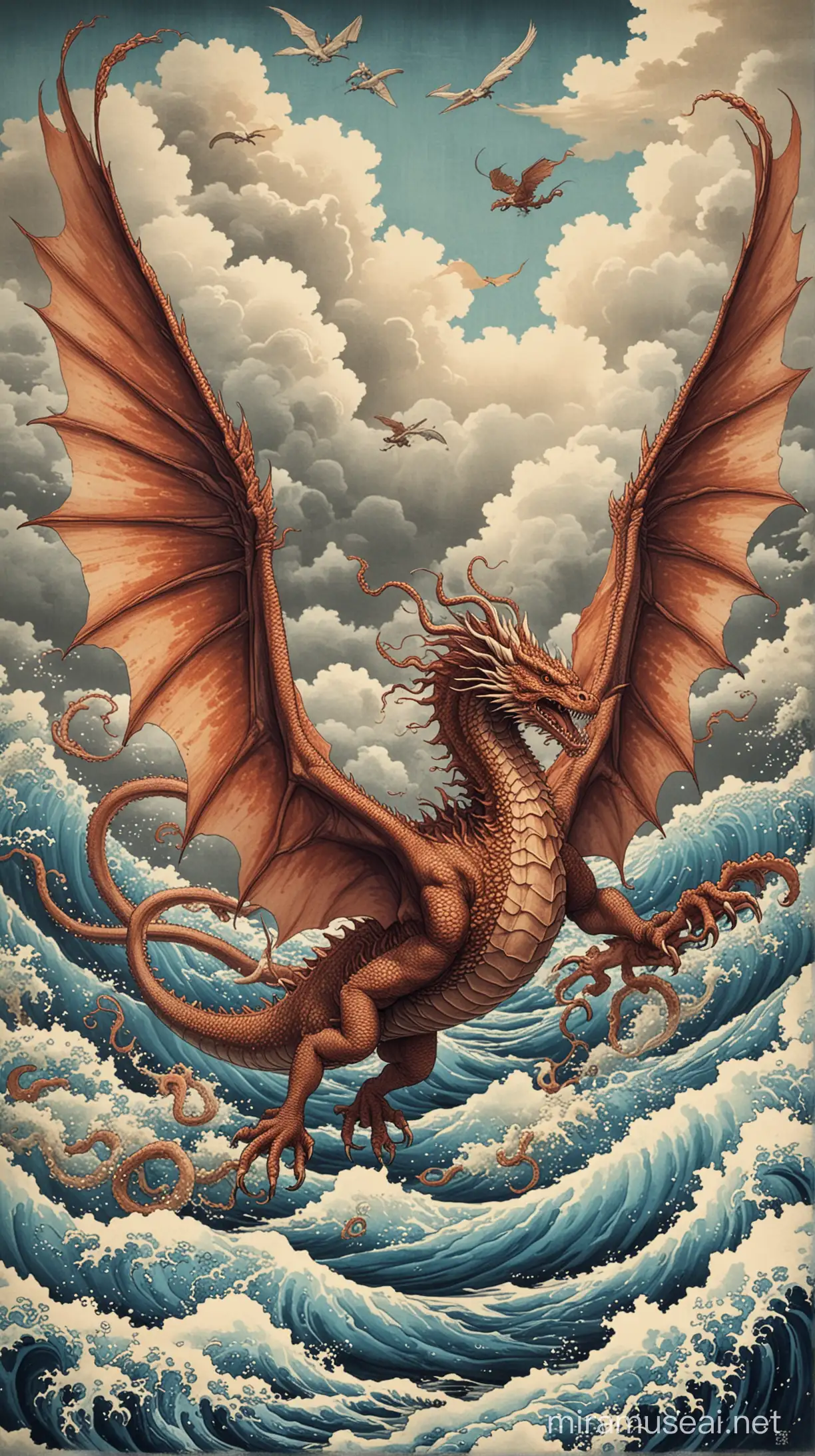 Legendary Dragon Catching Octopus in Sky HokusaiStyle Art