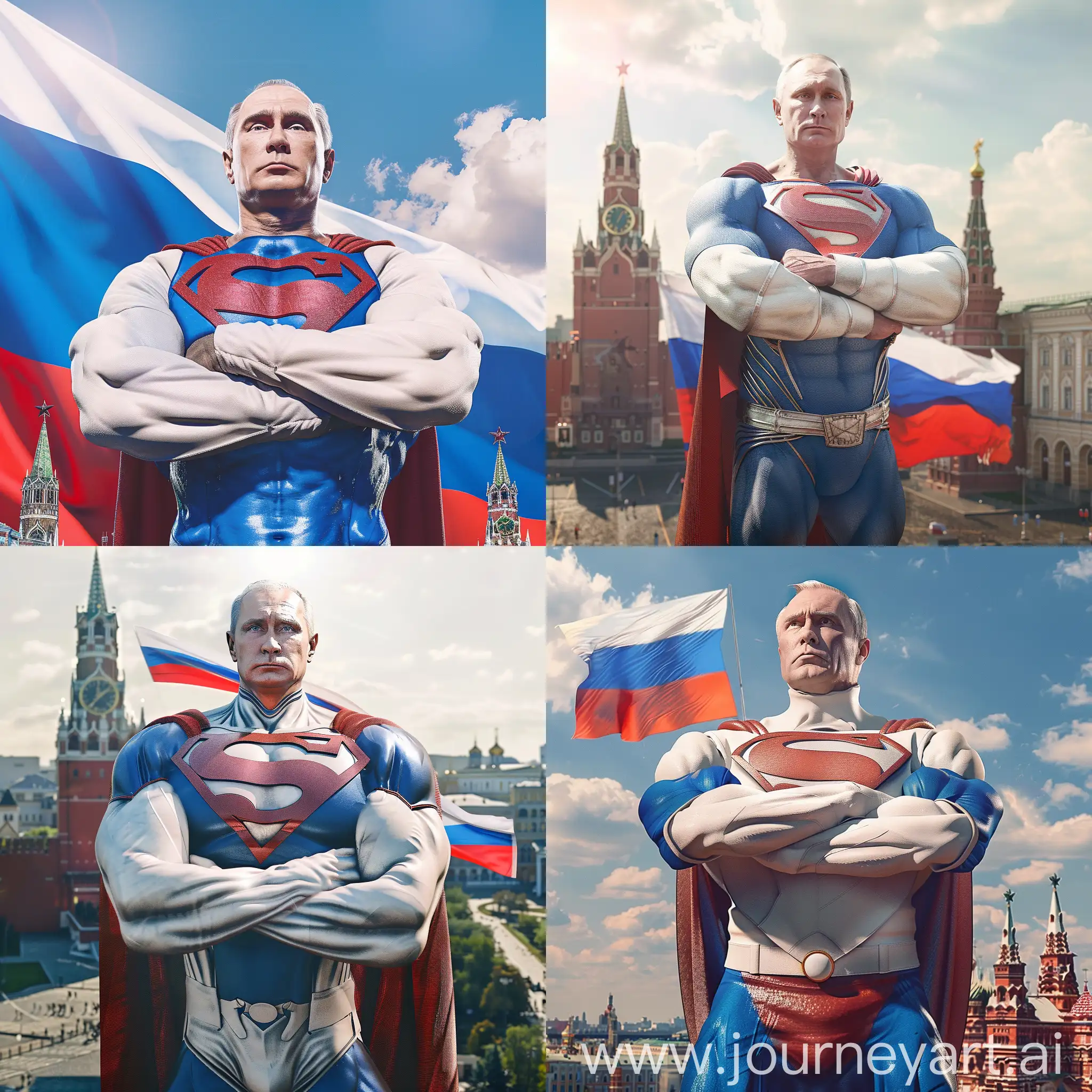 Мускулистый Владимир Путин в костюме супермена в белой синей и красной расцветке, стоит над Красной площадью скрестив руки, эстетично, красиво, реалистично, профессиональное фото, 4k, высокое разрешение, высокая детализация, флаг россии