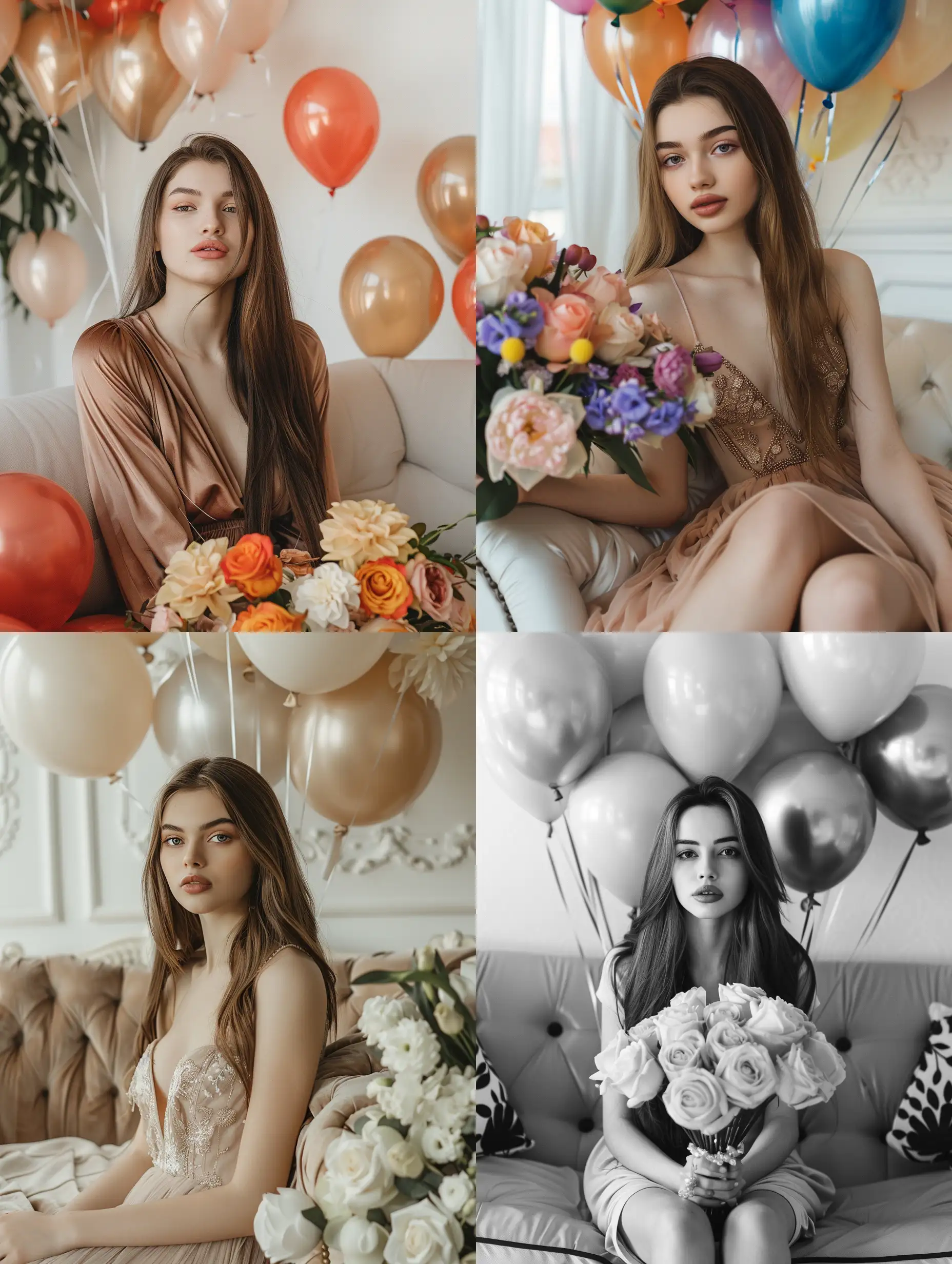 With long hair In a dress on the sofa On the background of a white beautiful wall in the studio with balloons made of falsa on the birthday in the hands of a beautiful lush bouquet of flowers realistic photo face calm kind look looks into the camera