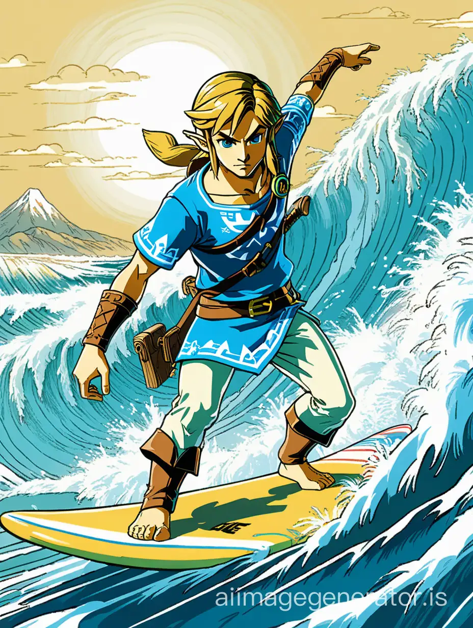 Link from Breath of the wild surfing on the ocean waves flat color classical comic book style bright action scene drawin masterpiece