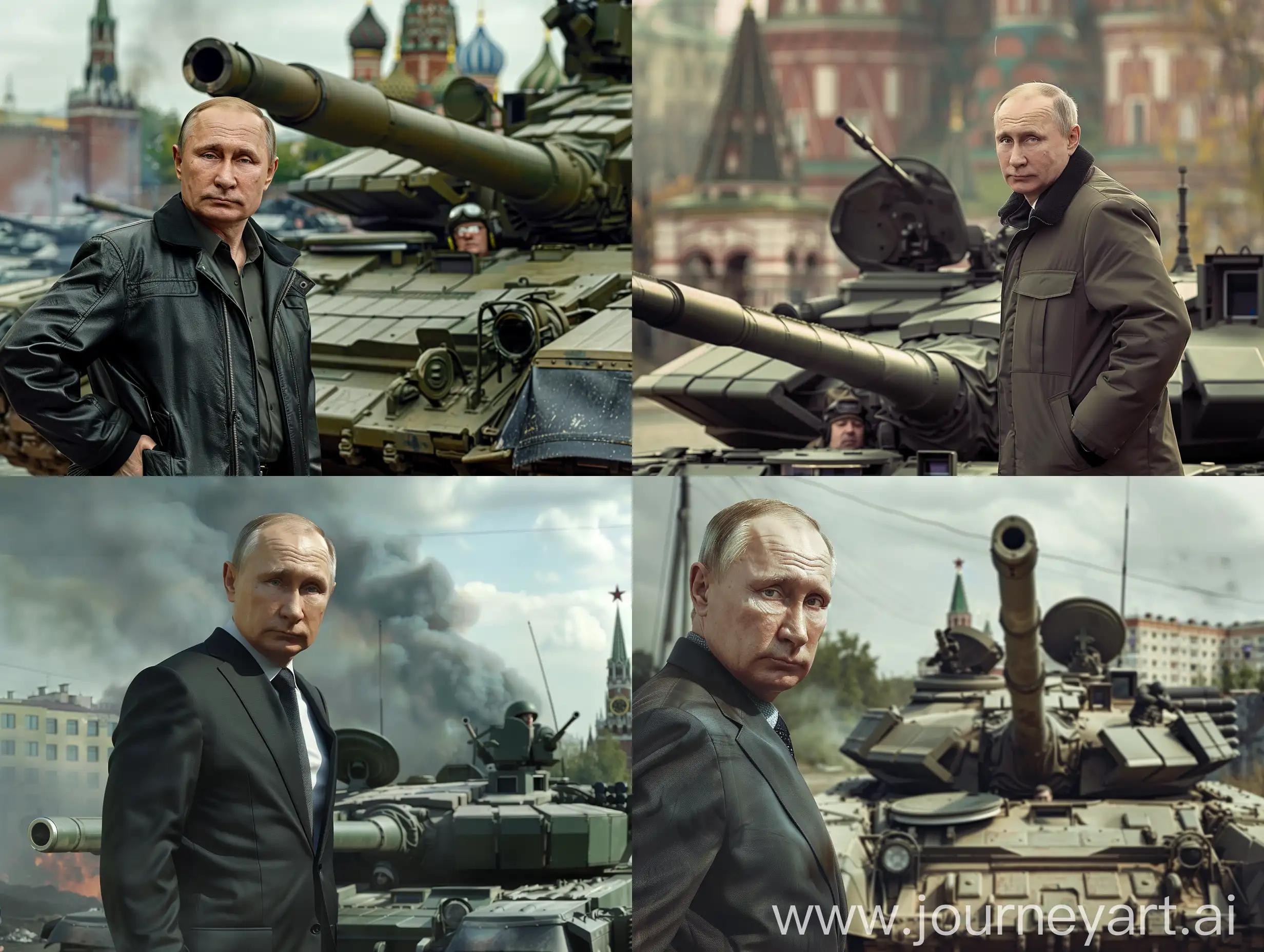 Vladimir Putin, standing near a tank, Moscow background, realistic, super detail, maximum detail, 8k, HDR