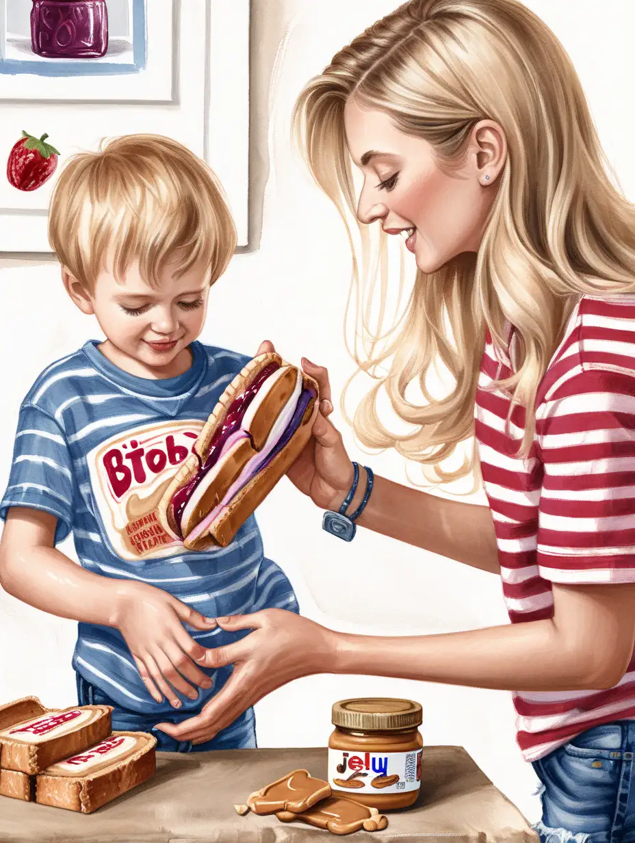 Mother Giving Peanut Butter and Jelly Sandwich to Blond Boy in Striped Shirt