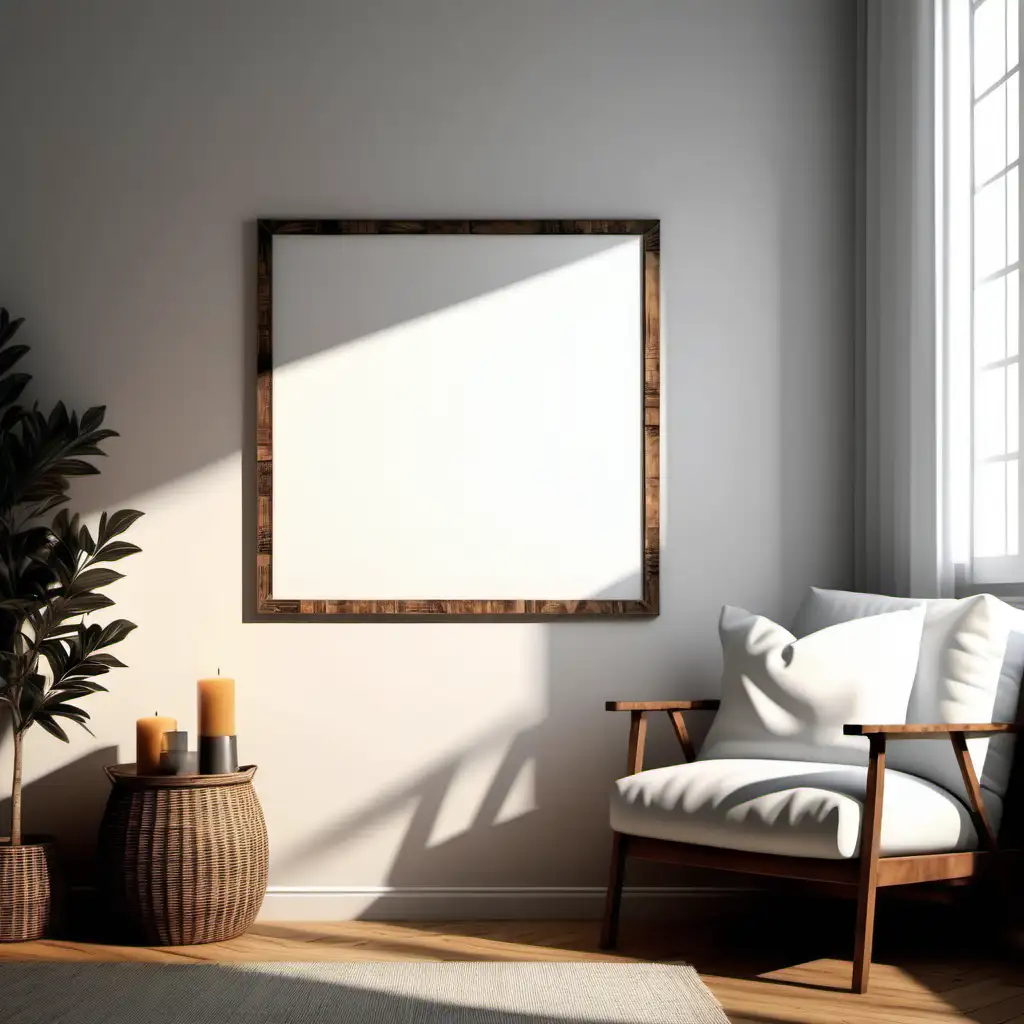 Cozy Farmhouse Living Room Wooden Poster White Blank Frame Mockup