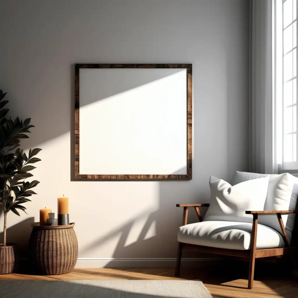 wooden poster white blank frame mockup, reflection, shadow overlay, cozy living room, farmhouse stlyle, warm room, 4K, exclude random objects,