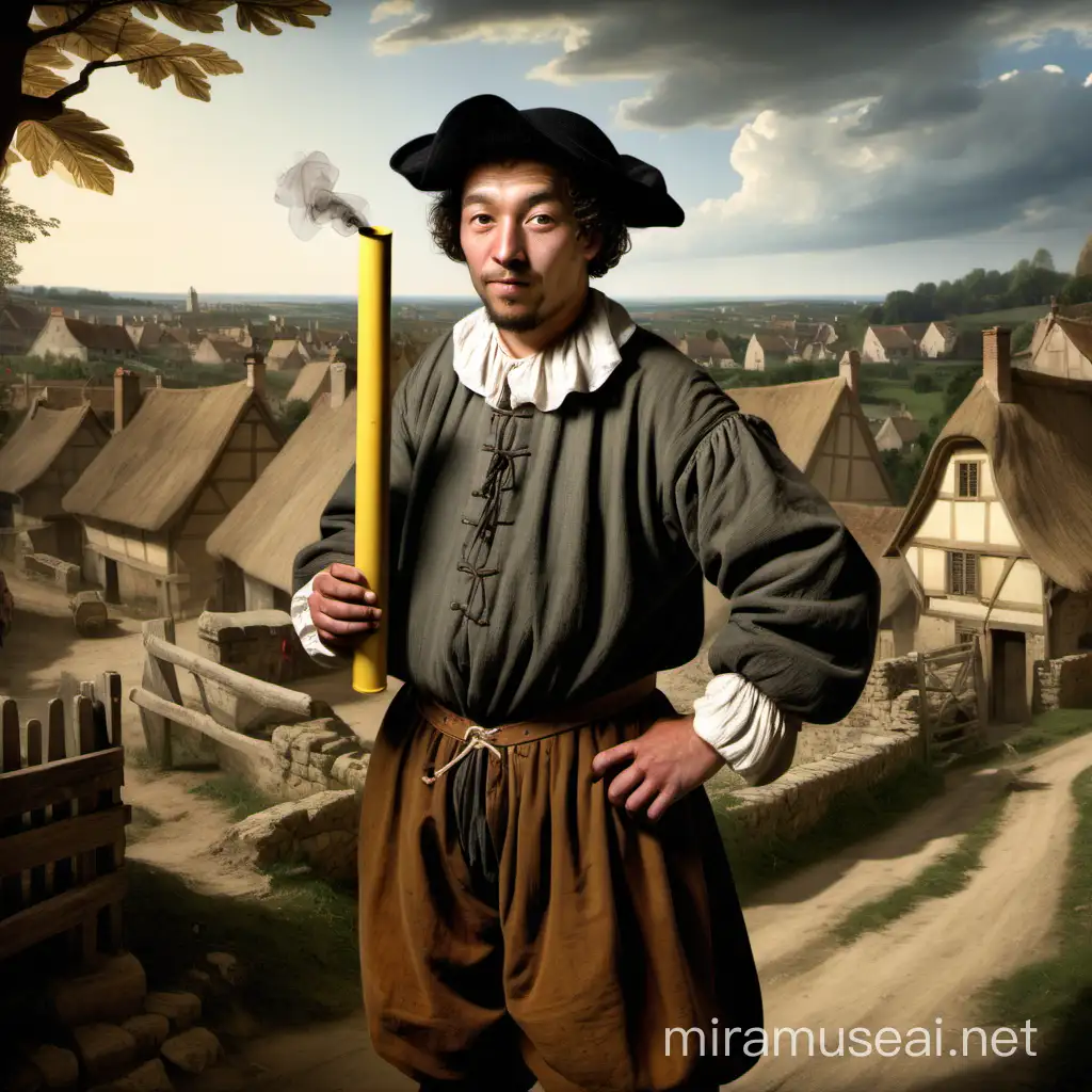 17th Century Peasant Holding a Tube in Village Setting