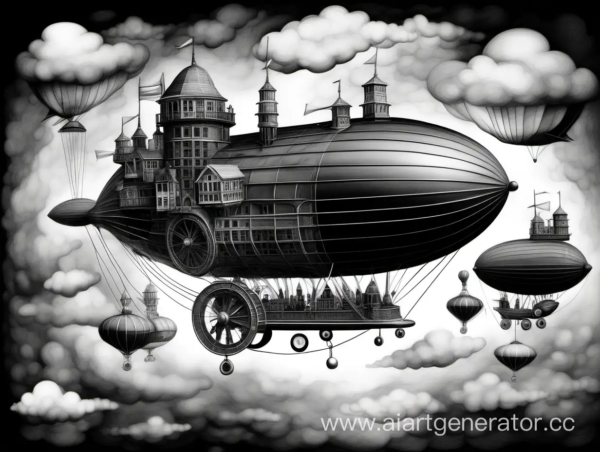 Surreal-Abstract-Airship-and-Mill-Composition-on-Black-and-White-Background