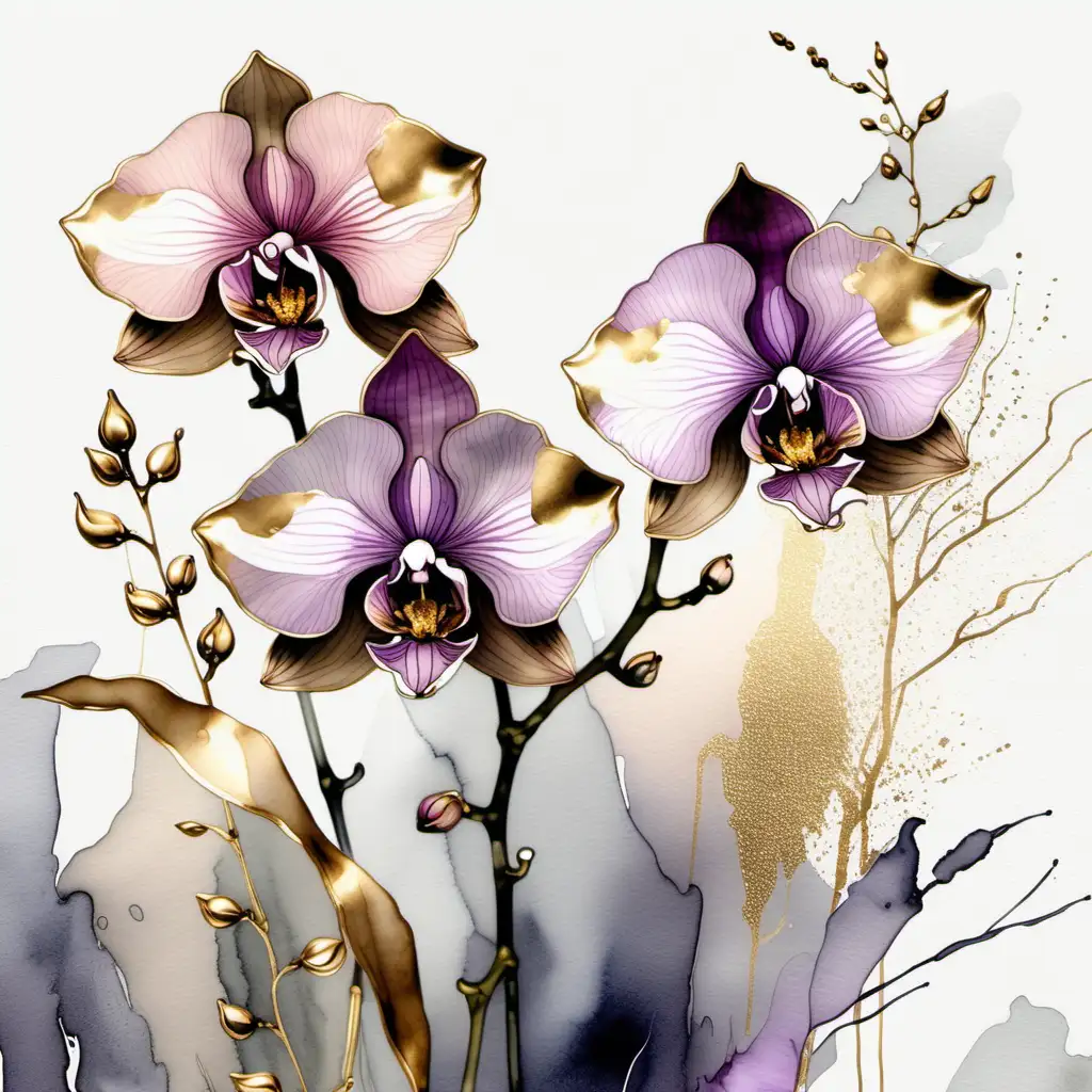Exquisite Orchid Buds in Muted Watercolor and Gold Accents