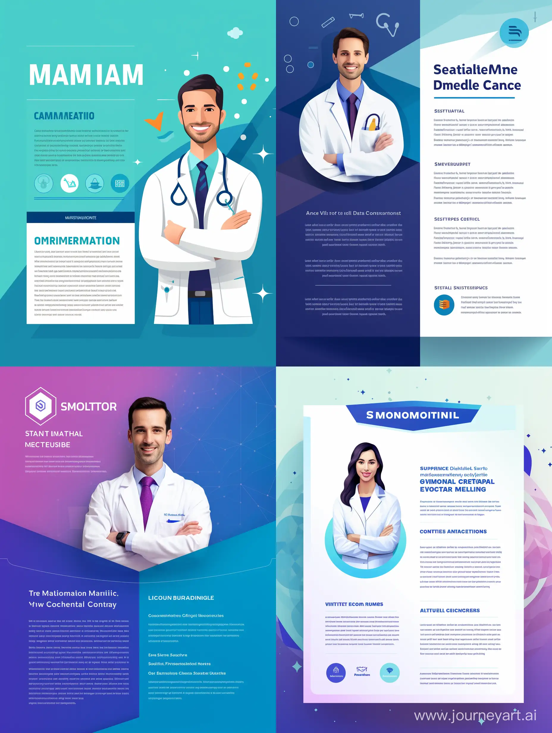 email template design for company educating medical workers colorful positive with informational text paragraph, light background, happy doctor in white lab coat three quarter view, flat minimal rhombus inside half circle company logo, welcoming, blue colorscheme, granted access to platform, granted credentials
