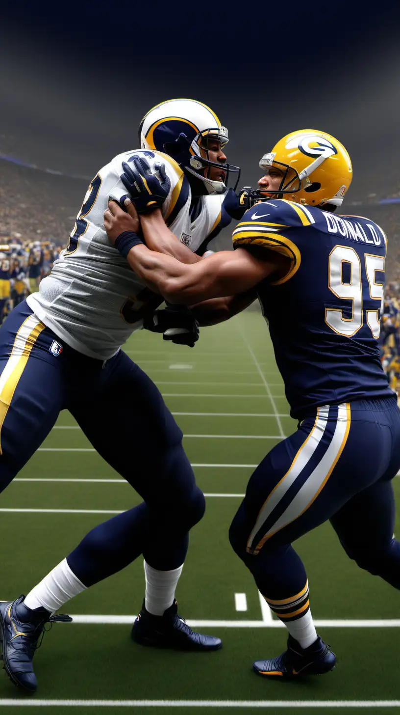 make an image of aaronDonald's and David Montgomery clashing. ultra realistic
