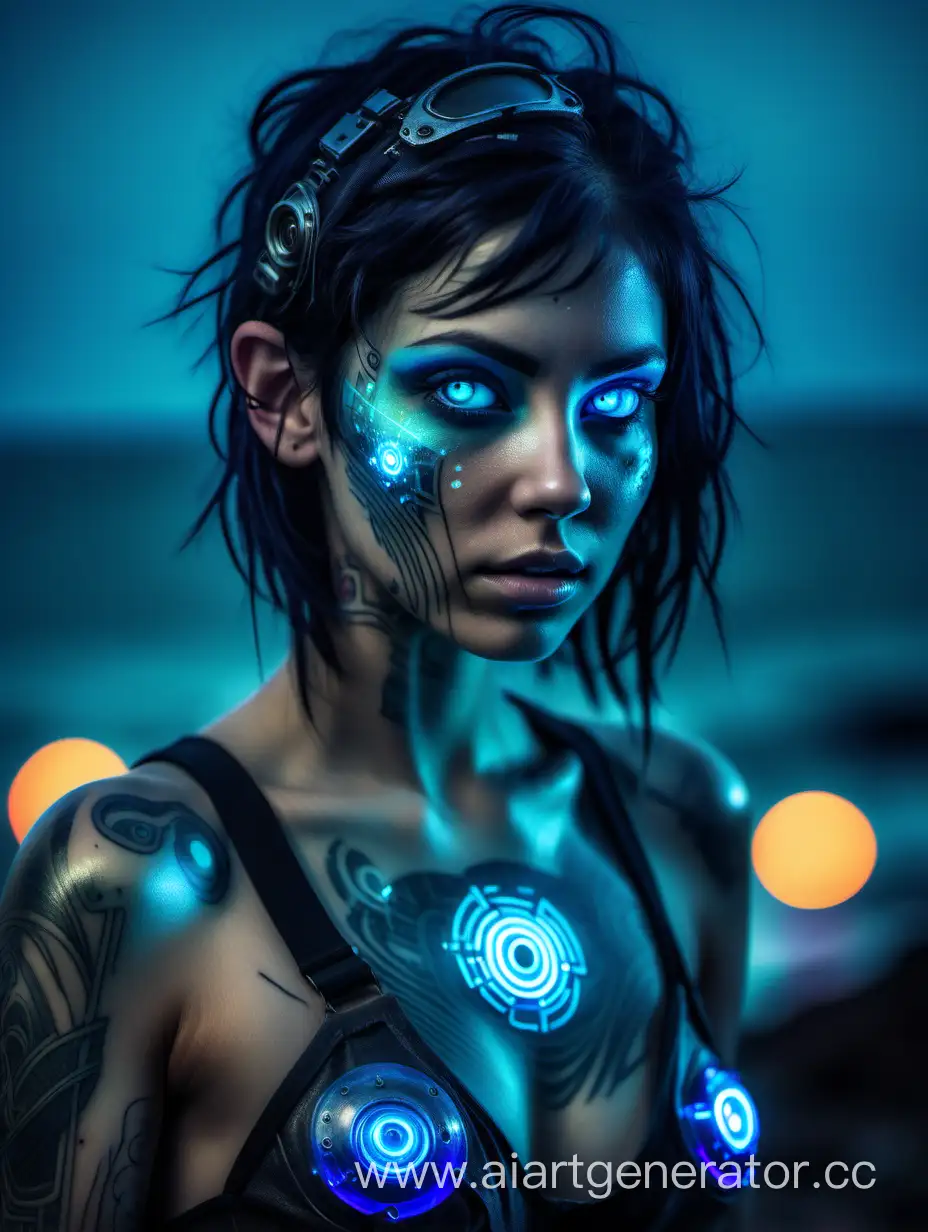 bioluminescent tattoos on a strong dark-haired female cyborg with twinkling Neon indigo cybernetic sparkling implants  at night time wandering in a trashpunk  wasteland along a sea shore : misty smoky dark eerie  Cyberpunk Beautiful eyes bokeh 