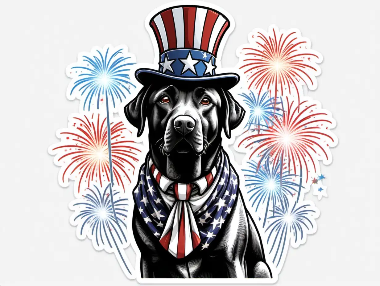A labrador retriever posing like the Statue of Liberty, wearing an Uncle Sam style top hat. The labrador's pose is noble and proud, embodying the spirit of freedom and patriotism. Like a sticker, white background, multiple fireworks, in the style of monochromatic art, crisp outlines