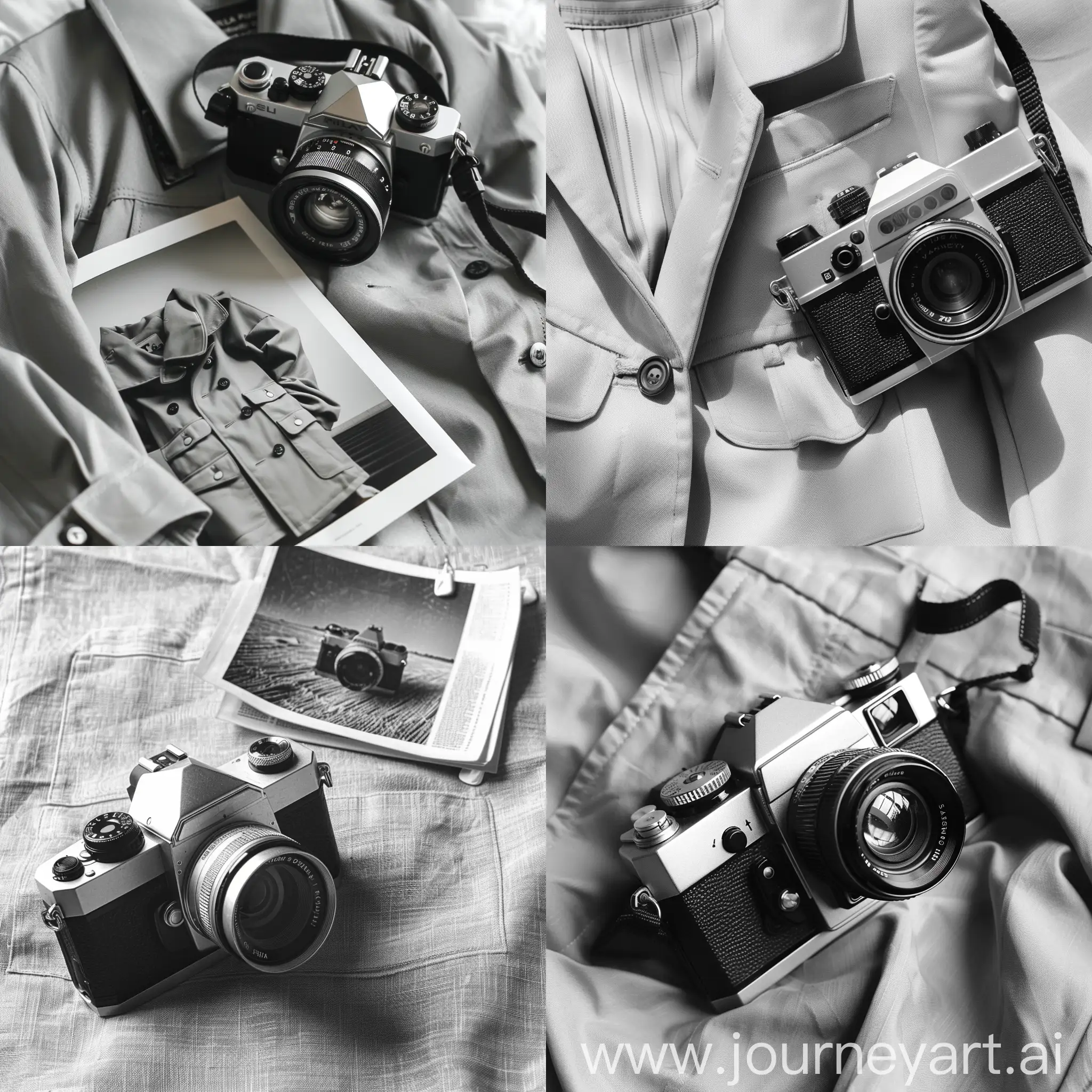 camera and photo, stylish black and white magazine photo, light gray uniform background