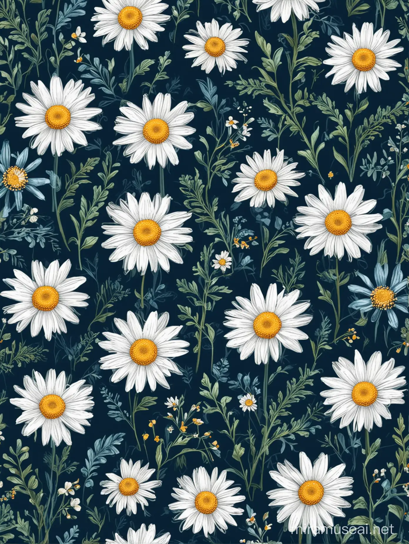 natural daisy blue wild 1 flower botanical seamless pattern vector illustration dark blue background