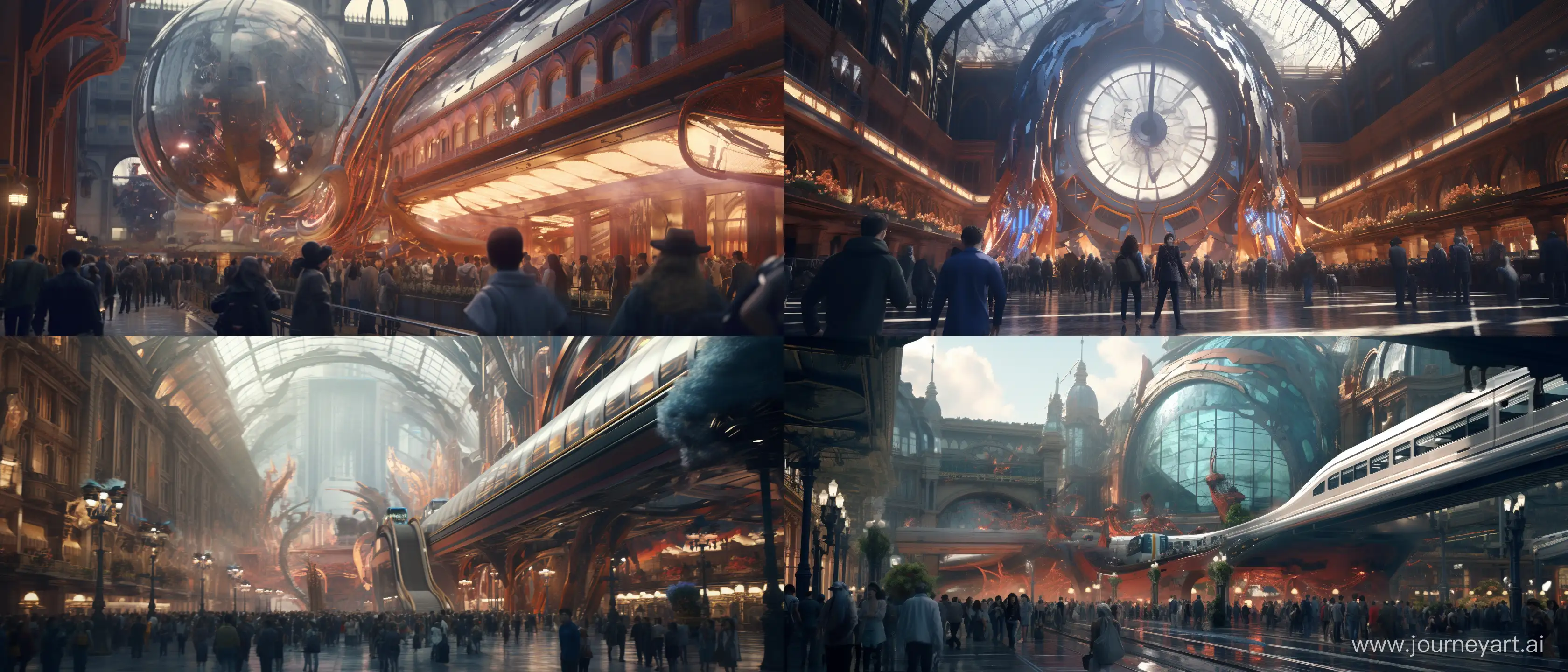 https://live.staticflickr.com/65535/28750503495_b19bb37f2a_b.jpg, Craft a Cybernetic Surrealism-inspired digital artwork of central station with dense crowd set at 2077 ultra realistic 4k cinematic --ar 21:9 --iw .1