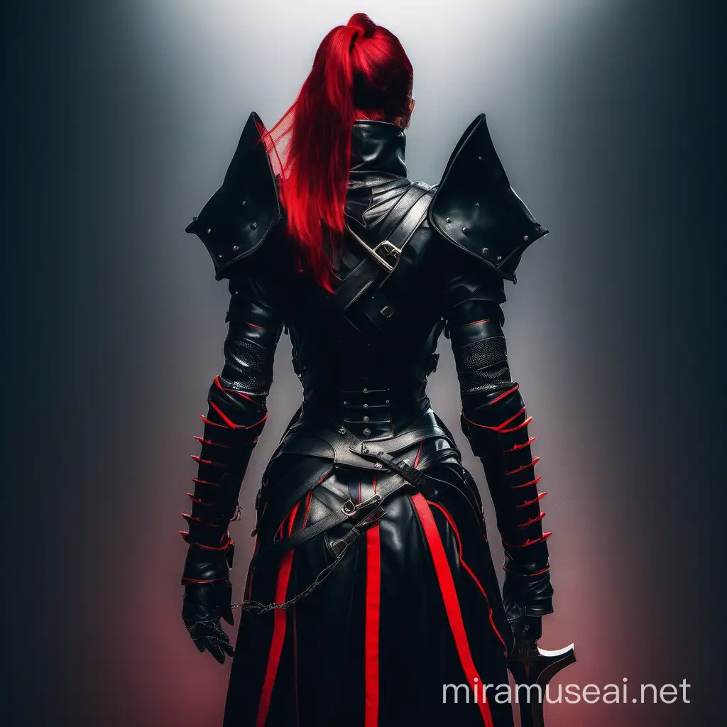 A picture from behind of a female assassin dressed in black leather armour with red accents