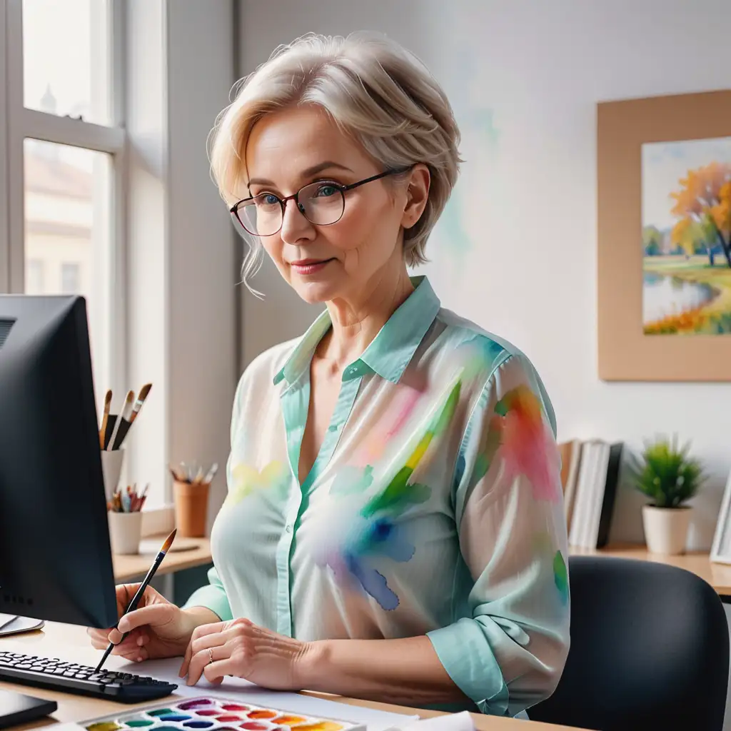 En vacker äldre kvinna med kort ljus frisyr som jobbar på kontor, hon arbetar vid datorn ,  målat vattenfärg 