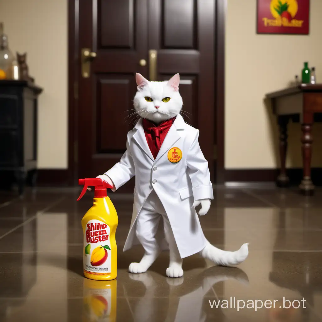 White Cat, in TRASH BUSTER attire, in a tailcoat, on the floor grows a lot of mango, walks through a beautiful room, and leaves a shine on the floor behind, in hand a spray bottle yellow with a red trigger, with the logo on the bottle Trash Buster